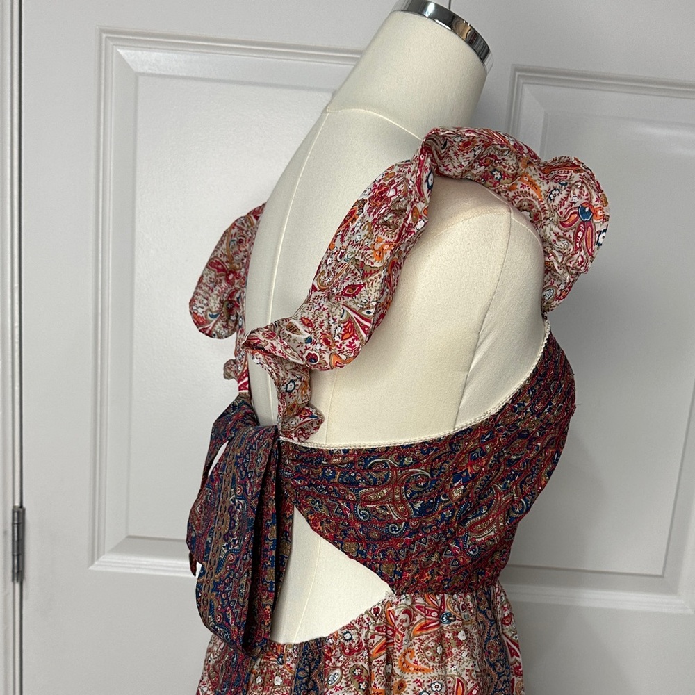 Haute Hippie Brown Cotton Boho Ruffles Peasant Vintage Tie Back Dress Size 10 - Picture 11 of 14